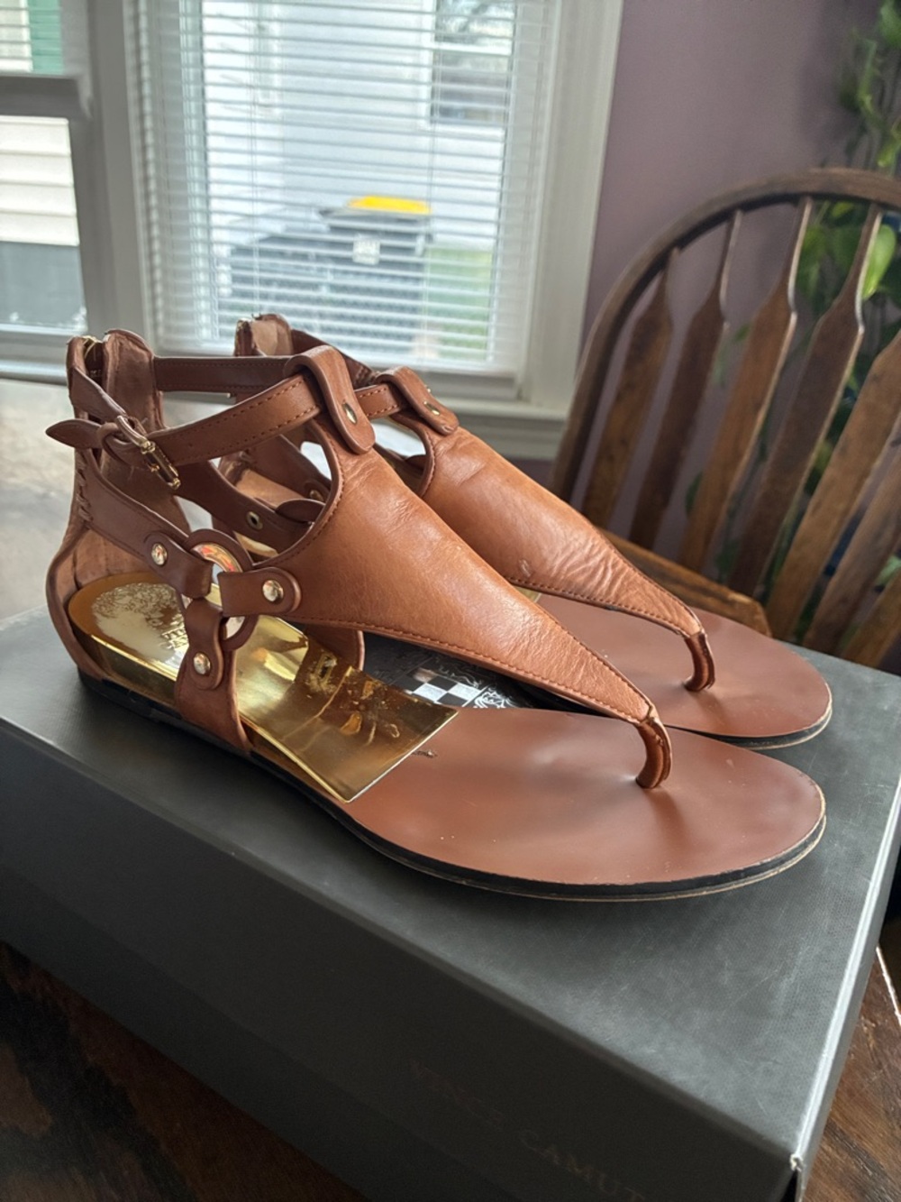 Vince Camuto Tan Brown T-Strap Toe-Loop Sandals with Gold Accents